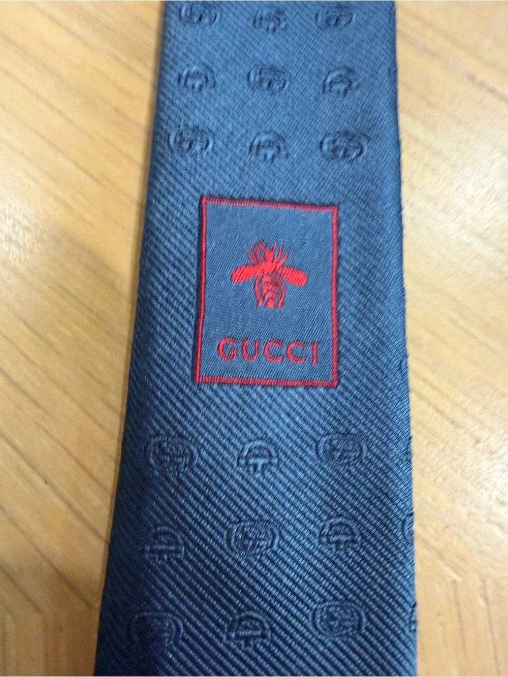 Gucci Blue Silk Tie with Green-Red Stripe Accent. Authentic